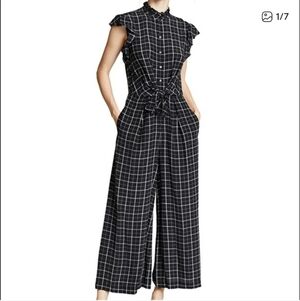 Rebecca Taylor 100% Silk Black Plaid Jumpsuit Windowpane Flutter Sleeve Work-4/S